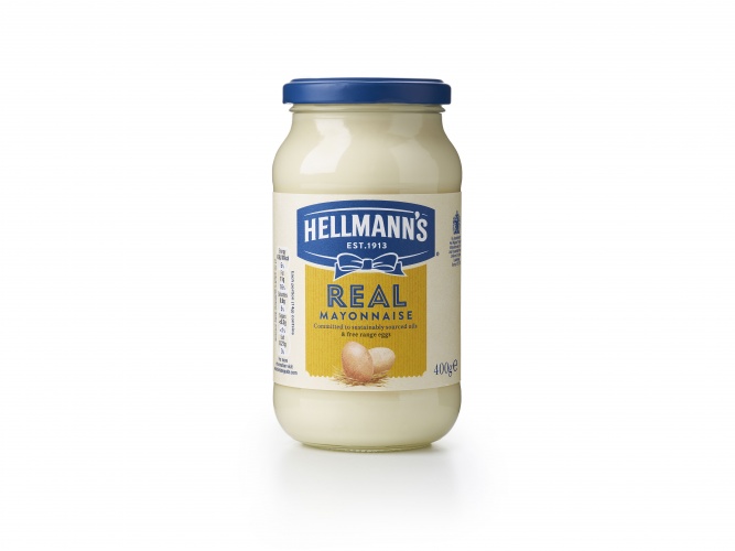 Hellmann 的品牌包裝設(shè)計，藍絲帶標志，手繪字體